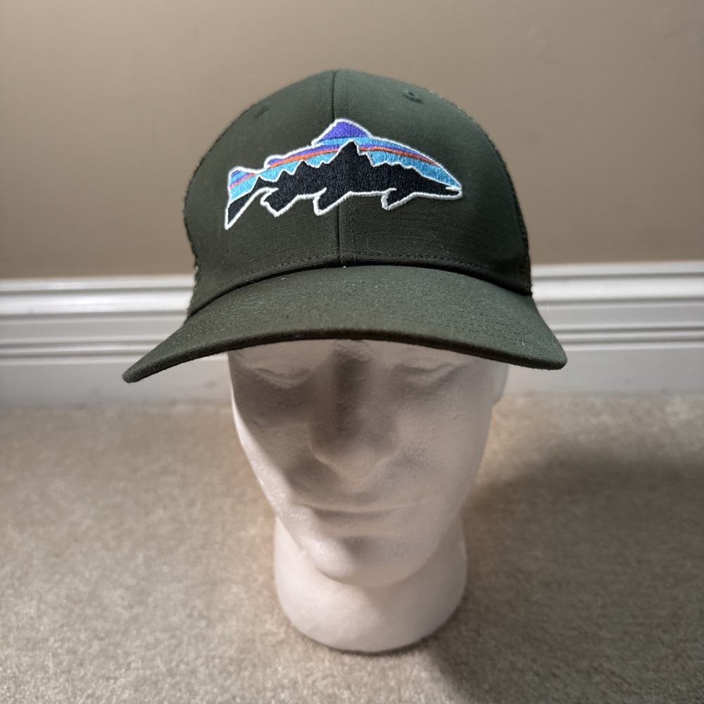 Patagonia Fitz Roy Trout Trucker Hat Mens OS Logo Olive Green Mesh Back